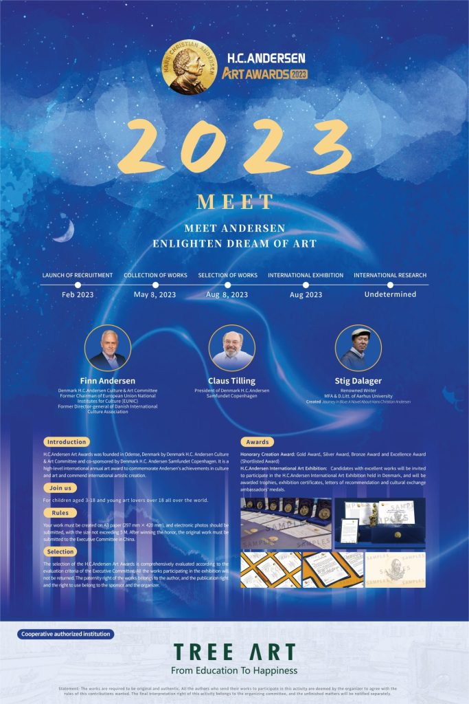 H.C.Andersen Art Awards 2023 event poster with the MEET theme, key dates, jury panel, and award categories