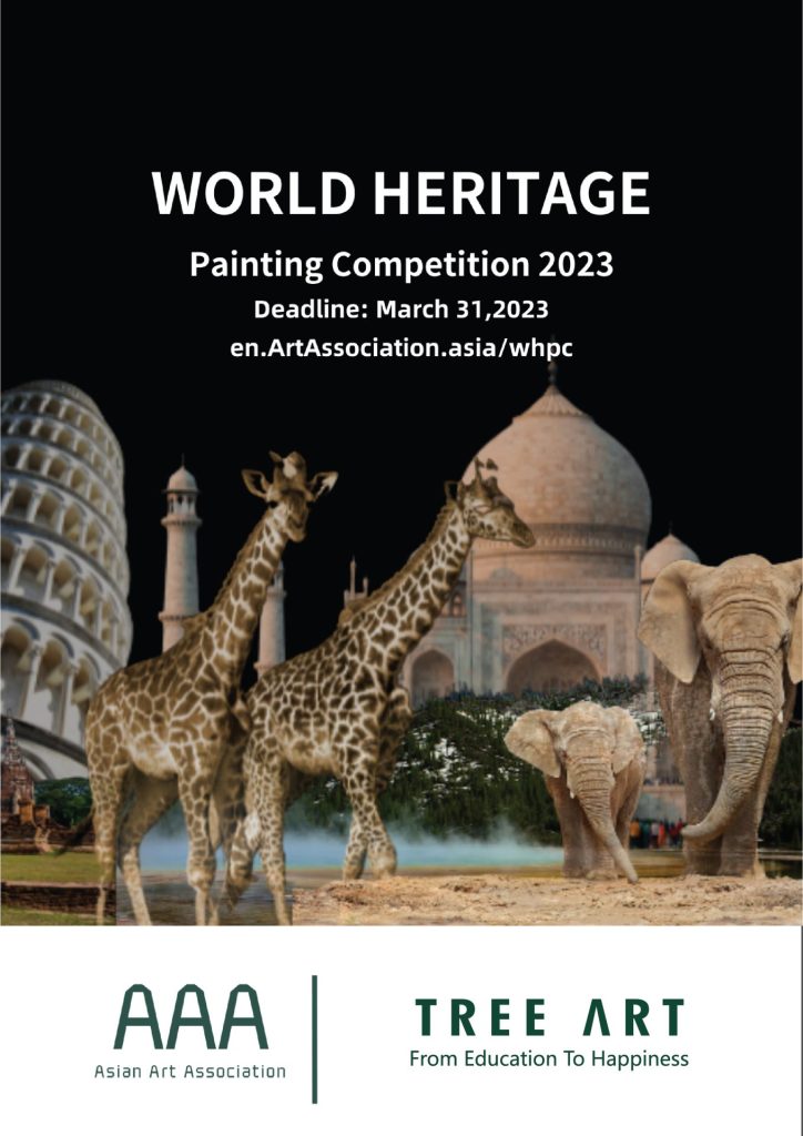 World Heritage Painting Competition 2023 poster featuring the Leaning Tower of Pisa, the Taj Mahal, giraffes and elephants, with the Asian Art Association and TreeArt logos