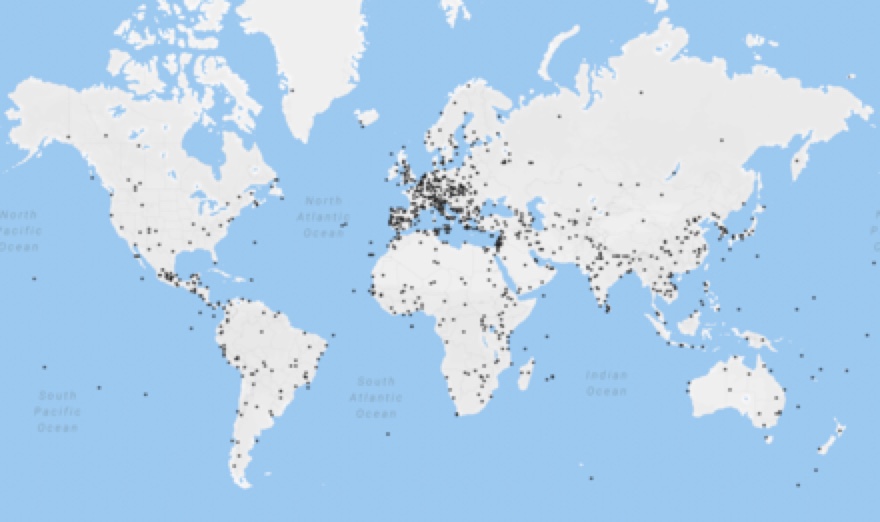 World map marking the locations of UNESCO World Heritage sites around the globe