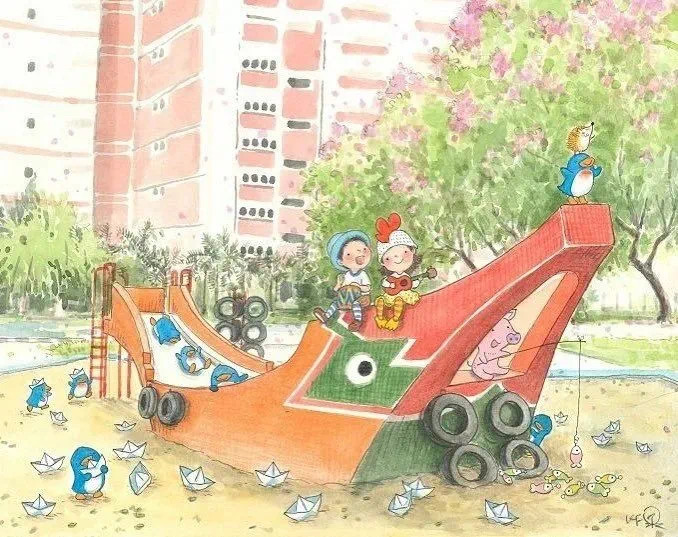 Illustration by Mr Kow Fong of two children playing on a boat-shaped playground with HDB flats in the background