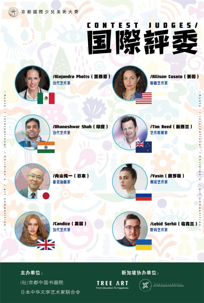 Poster introducing the competition's eight international judges with their photos, names, and home countries