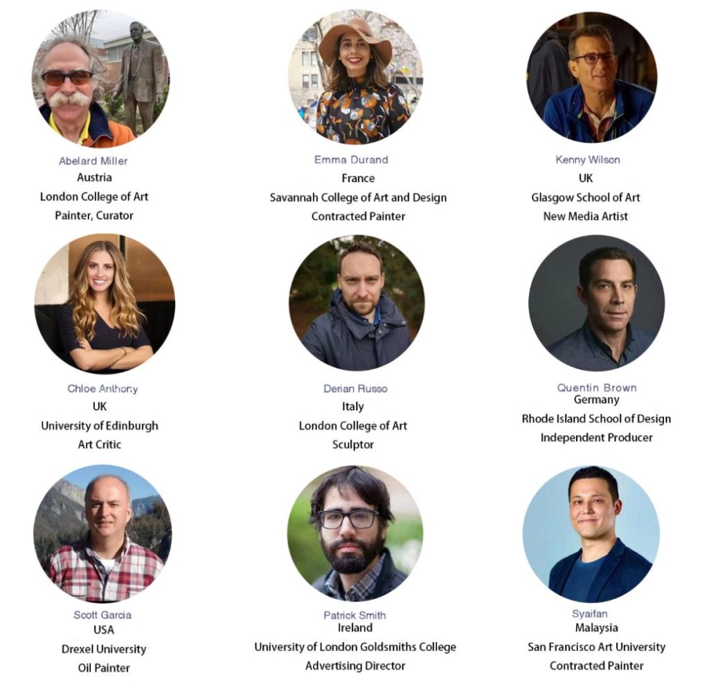 Headshots of nine IYAC judges from countries including Austria, France, the UK, Italy and Malaysia, with their institutions and roles listed beneath each portrait