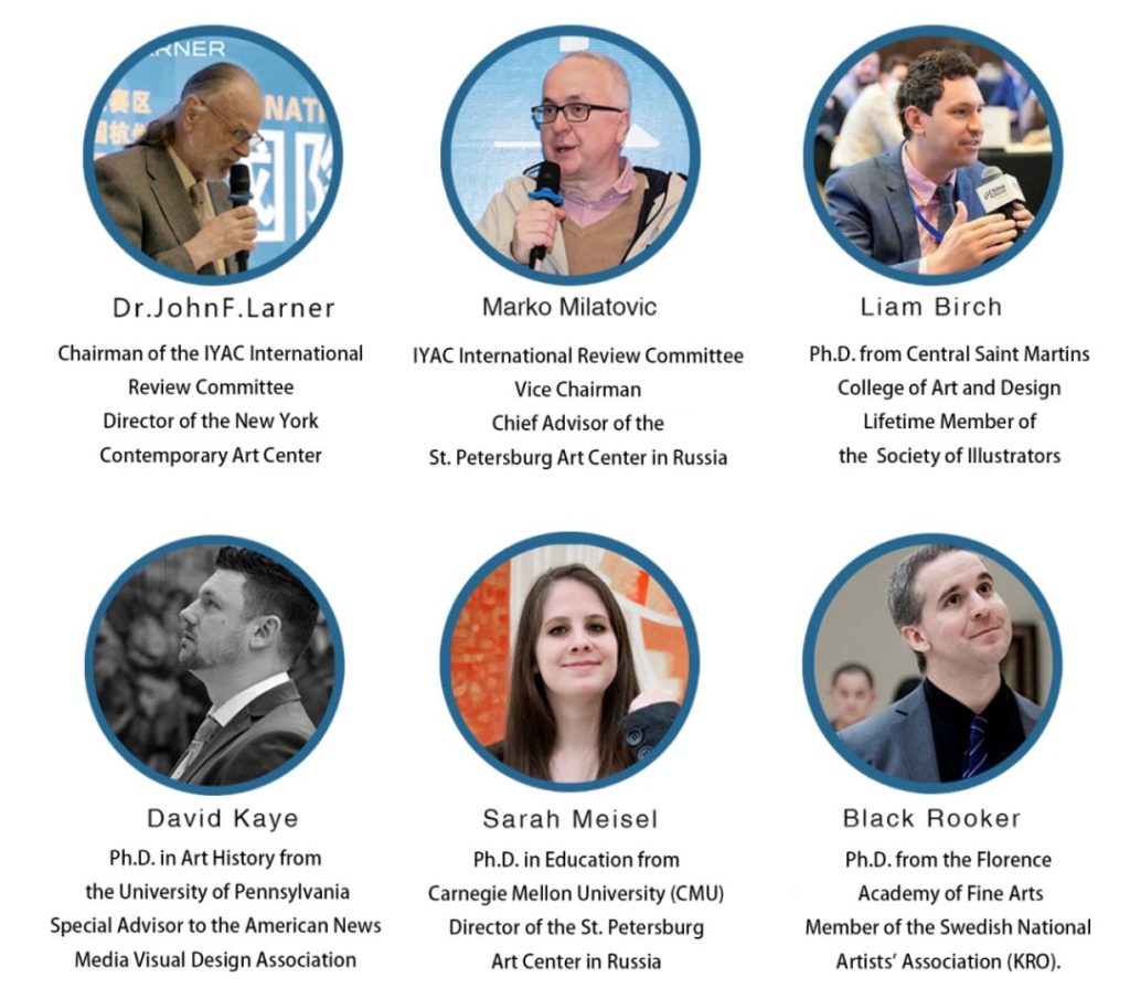 Headshots of six IYAC review committee judges, including Dr. John F. Larner, Marko Milatovic and Liam Birch, with their titles and credentials