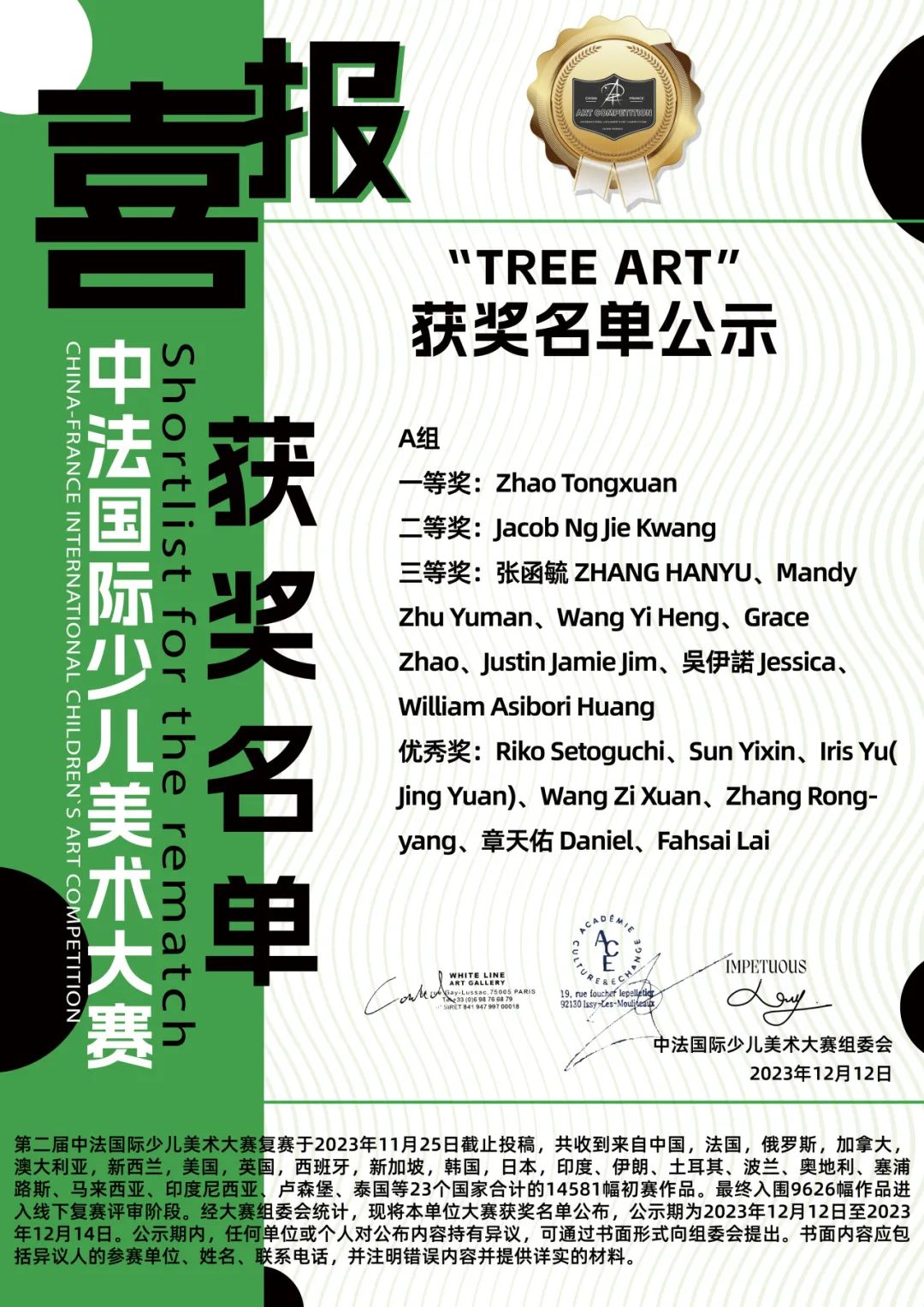 Group A winners list from the TREE ART China-France International Children's Art Competition award announcement