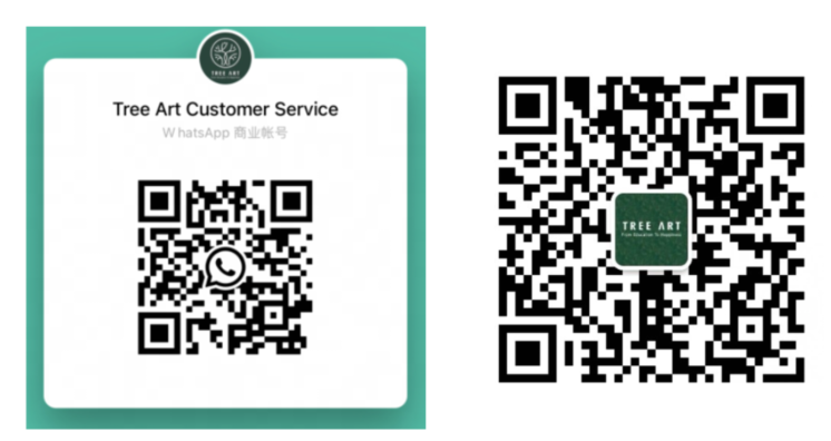 Two sign-up QR codes: the Tree Art Customer Service WhatsApp QR code and the Tree Art WeChat QR code