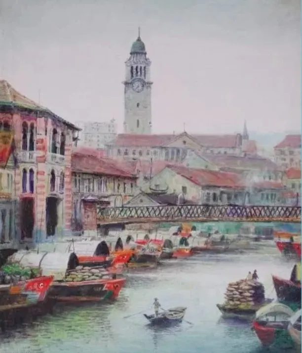 Painting of the old Singapore River lined with shophouses, bumboats and a clock tower, a sample heritage-themed entry