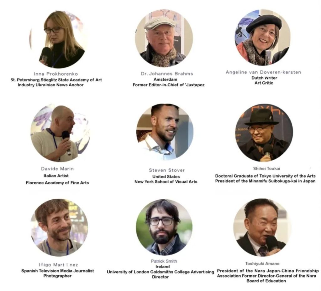 Portrait grid of nine more OCIYAC international jury members with names and credentials, including Inna Prokhorenko and Dr. Johannes Brahms
