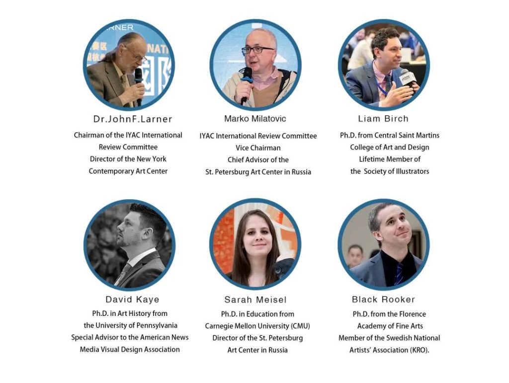 Portrait grid of six OCIYAC international jury members with names and credentials, including Dr. John F. Larner and Marko Milatovic
