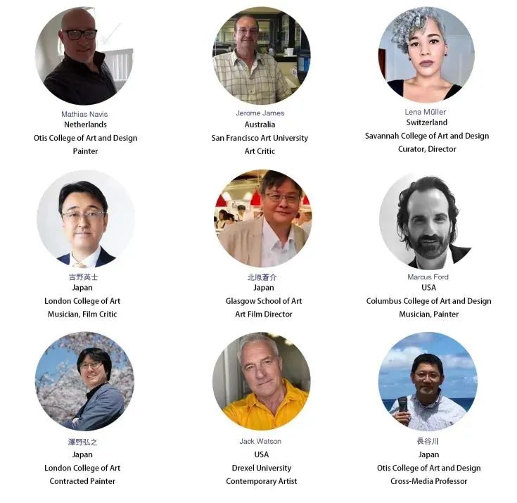 Grid of nine international judges with their countries, institutions and roles