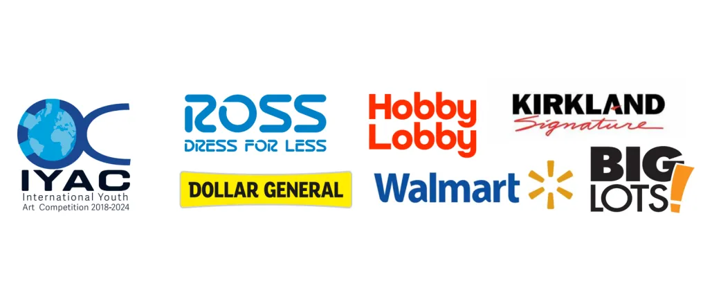 Logos of IYAC and partner retail chains: Ross, Hobby Lobby, Kirkland Signature, Dollar General, Walmart and Big Lots