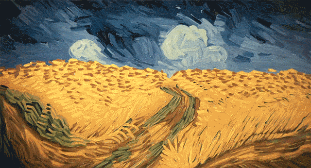 Animated Van Gogh-style painting of a golden wheat field beneath a swirling dark blue sky