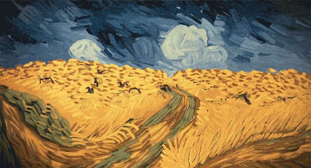 Animated Van Gogh-style painting of a golden wheat field under a stormy sky with crows in flight