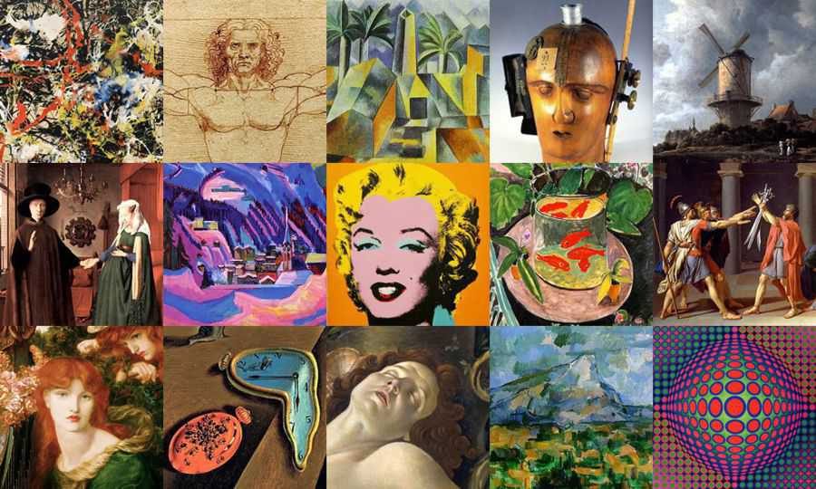 A grid collage of famous artworks spanning different art styles and eras, from Cubism and Surrealism to Pop Art