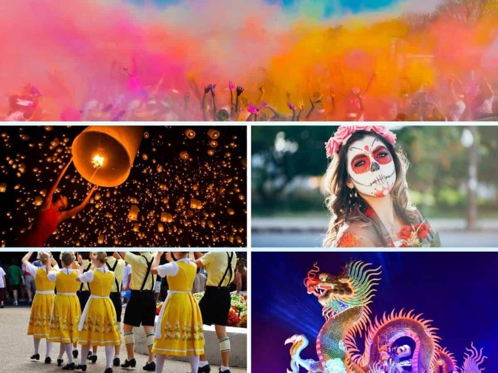 A collage of vibrant festival scenes: a colour powder celebration, floating sky lanterns, traditional costumes and a lit-up dragon display