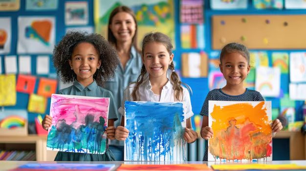 Three young girls proudly holding up their watercolour paintings alongside their smiling art teacher