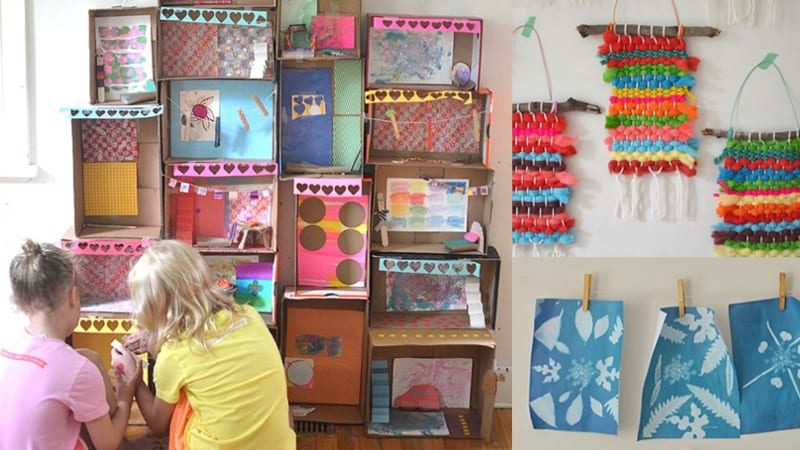 A collage of creative project ideas found online: a cardboard box diorama, colourful yarn wall hangings, and leaf-print art