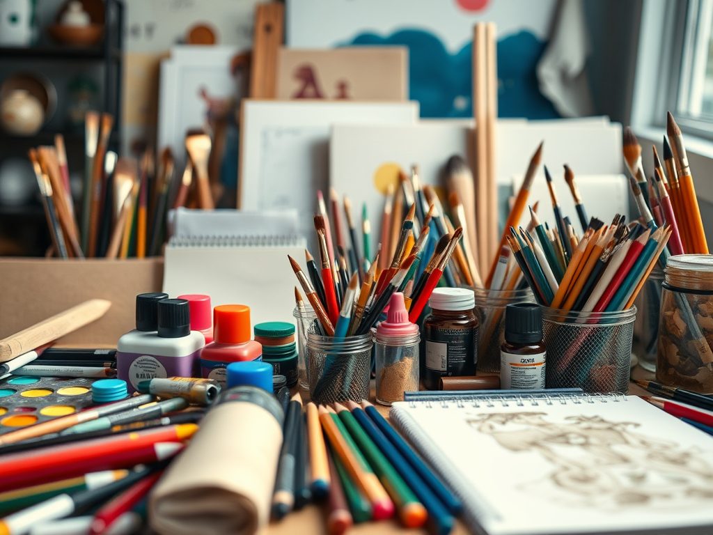 An assortment of art supplies, including coloured pencils, pastels and paints, laid out for a child to choose from