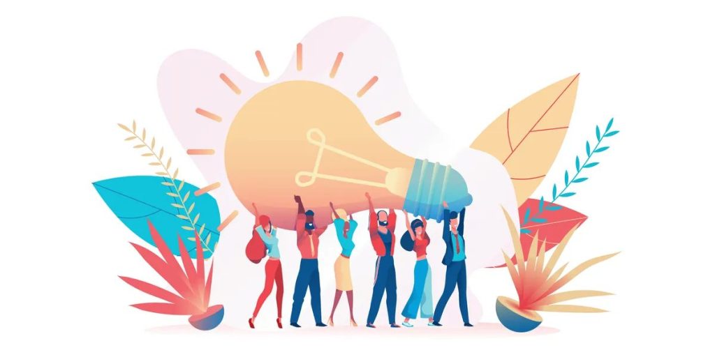 Illustration of a group lifting a glowing lightbulb overhead, symbolising shared ideas and creativity