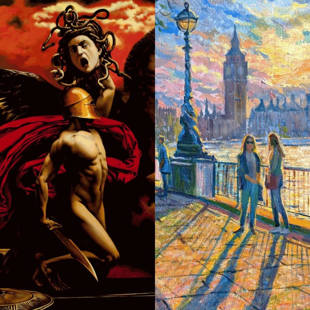 Side-by-side student paintings: a dramatic mythological figure and an impressionist riverside scene with Big Ben