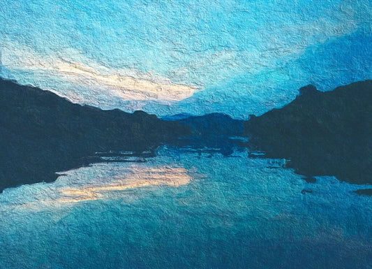 Textured landscape painting of hills and water at dusk, reflecting soft evening light