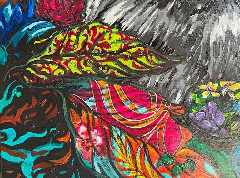 Vivid abstract floral painting in bold red, green and orange tones