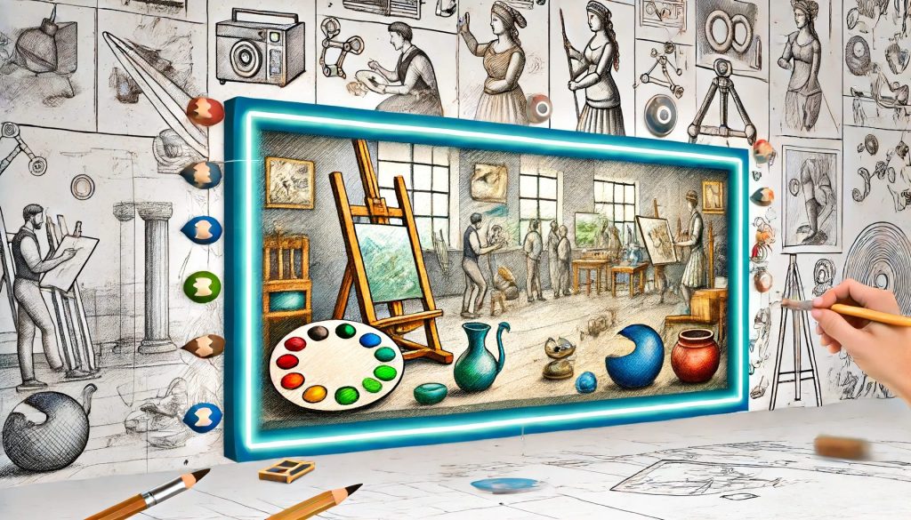 Illustration of an art studio with an easel, paint palette and pottery, students at work in the background