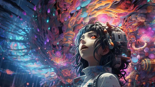 Digital illustration of a girl with a cybernetic headset set against a vivid cosmic backdrop
