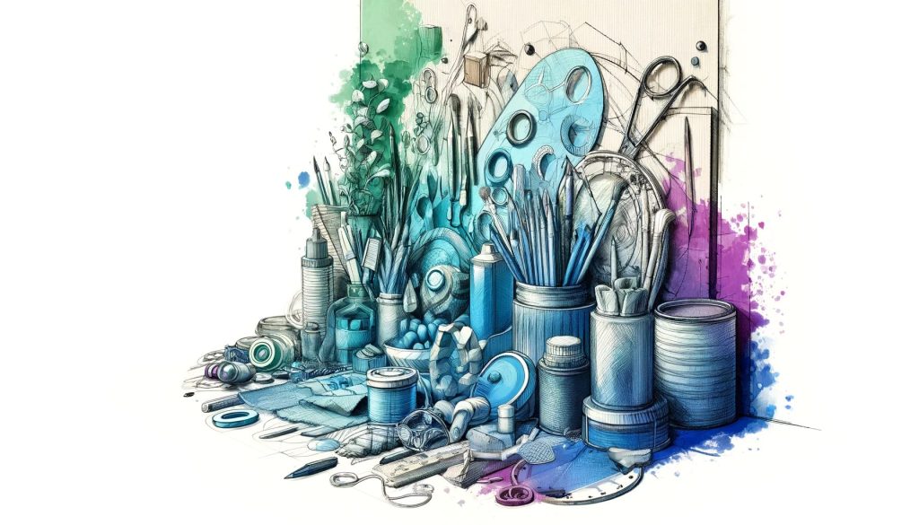 Mixed-media illustration of brushes, paint tubes and a palette with watercolour splashes