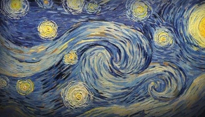 Student painting inspired by Van Gogh's Starry Night, with a swirling blue night sky and glowing stars