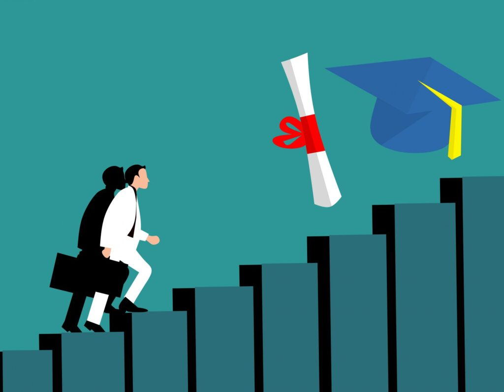 Illustration of figures climbing stairs toward a diploma and graduation cap, symbolising academic achievement
