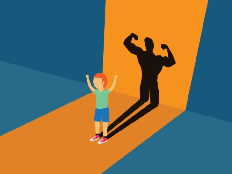 Illustration of a child raising their arms triumphantly, casting a strong, confident shadow
