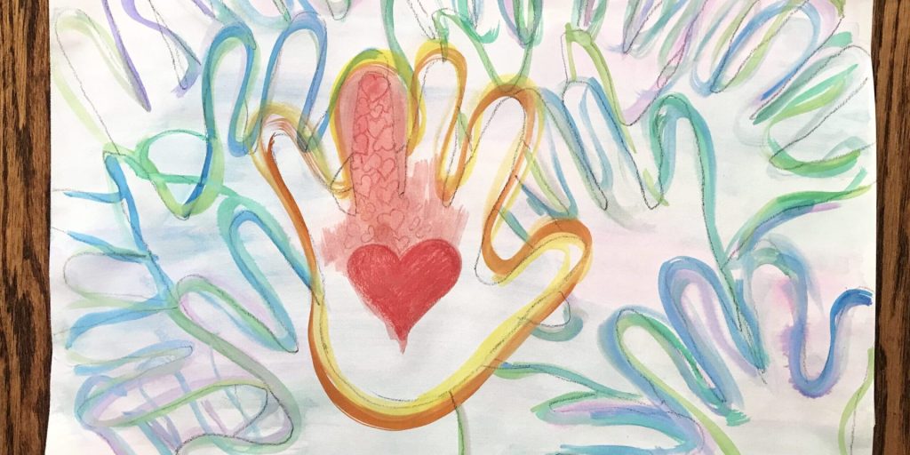 A child's painting of a hand with a heart inside, surrounded by colourful swirling lines