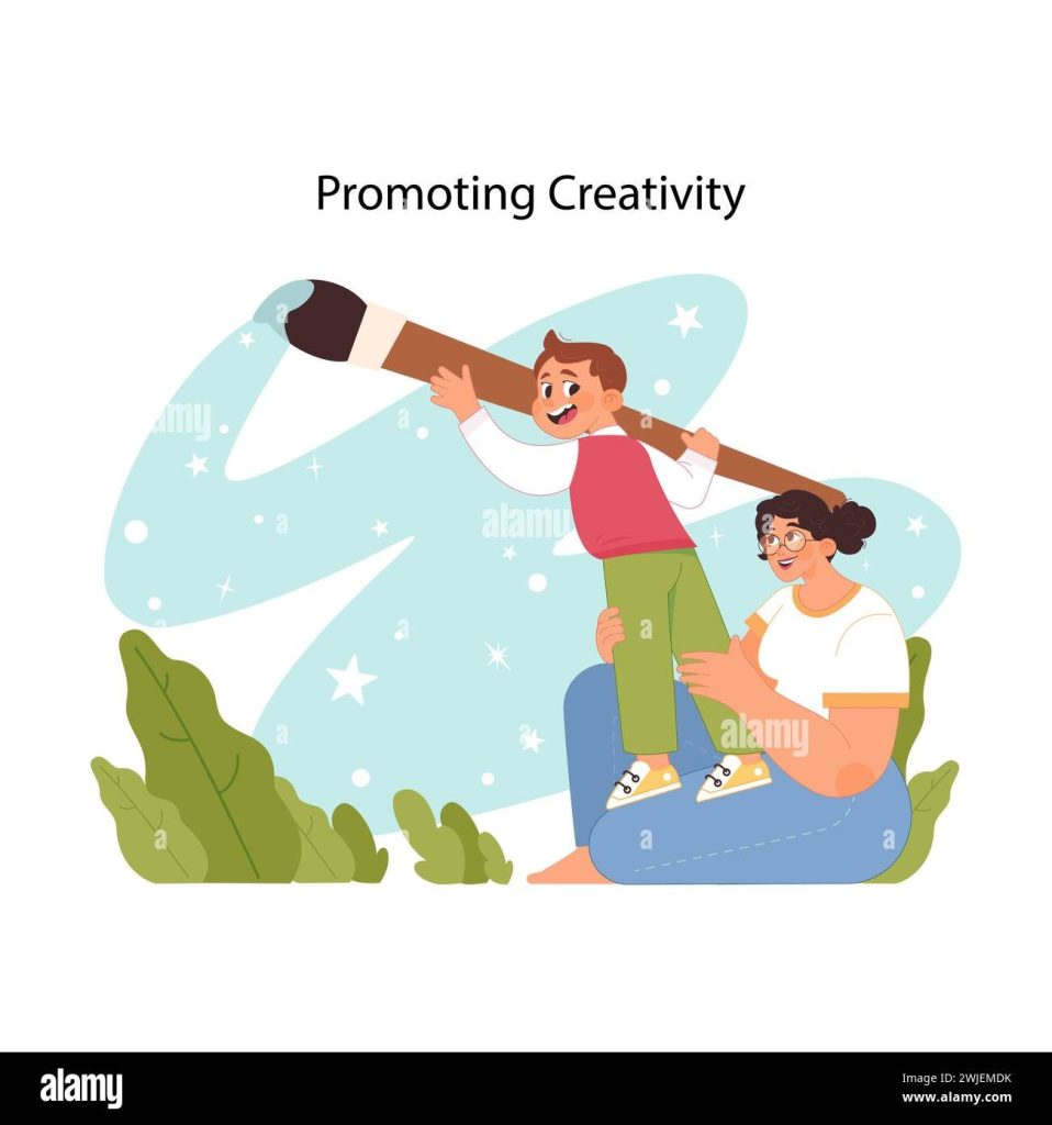 Illustration of a parent holding up a child who peers through a giant paintbrush like a telescope amid stars