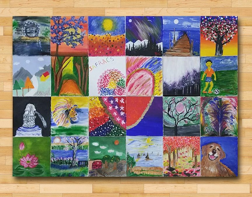 A grid of colourful children's paintings arranged together, forming a collaborative mosaic