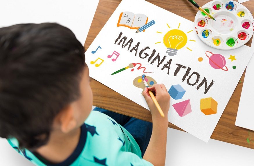 A child painting the word imagination surrounded by colourful creative icons