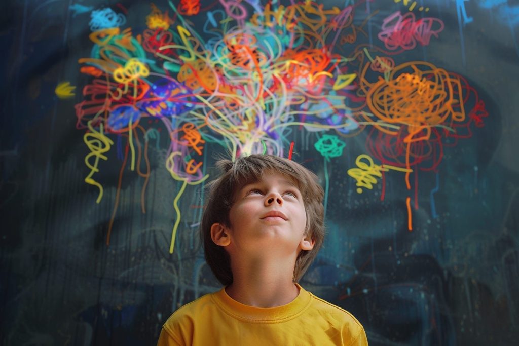 Young boy in a yellow shirt looking up in wonder at a colourful burst of scribbles and swirling lines above his head, symbolising bursting imagination