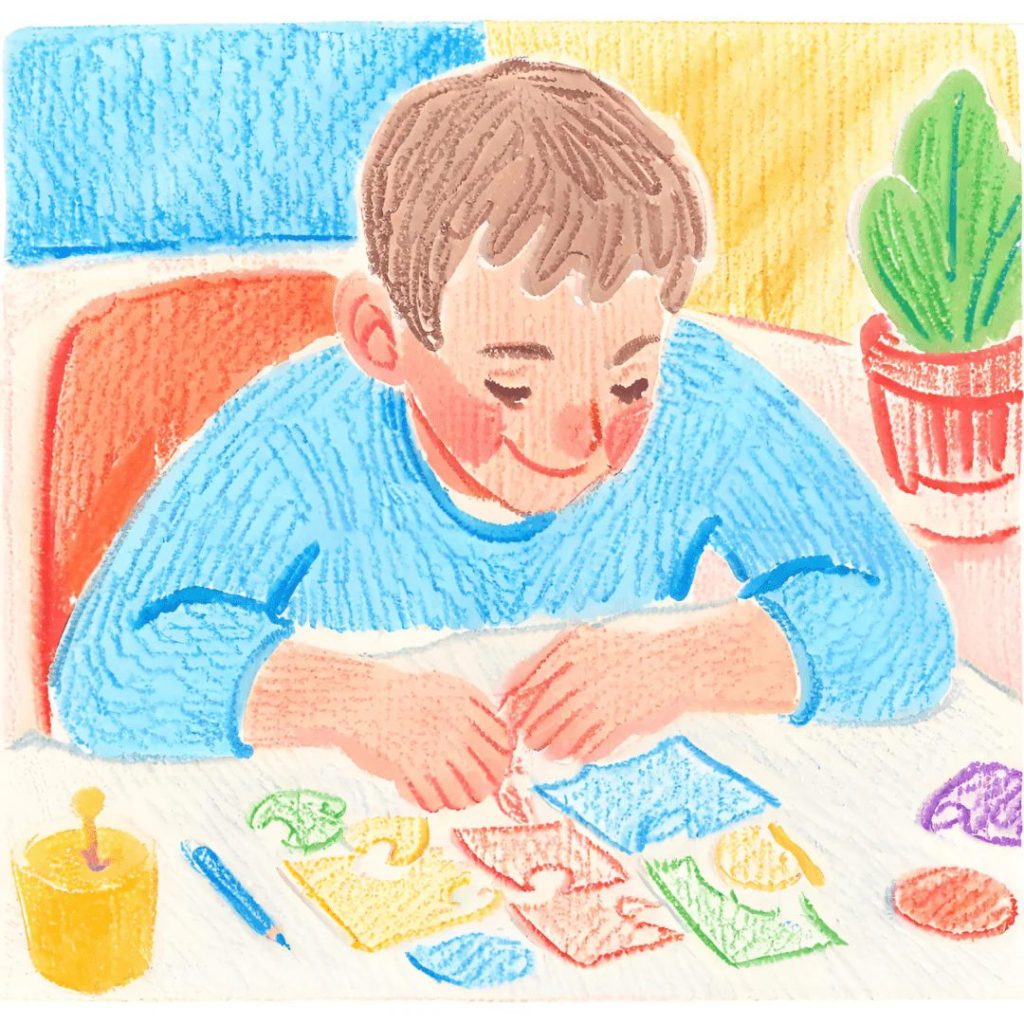 Illustration of a boy concentrating as he pieces together a colourful jigsaw puzzle at a table