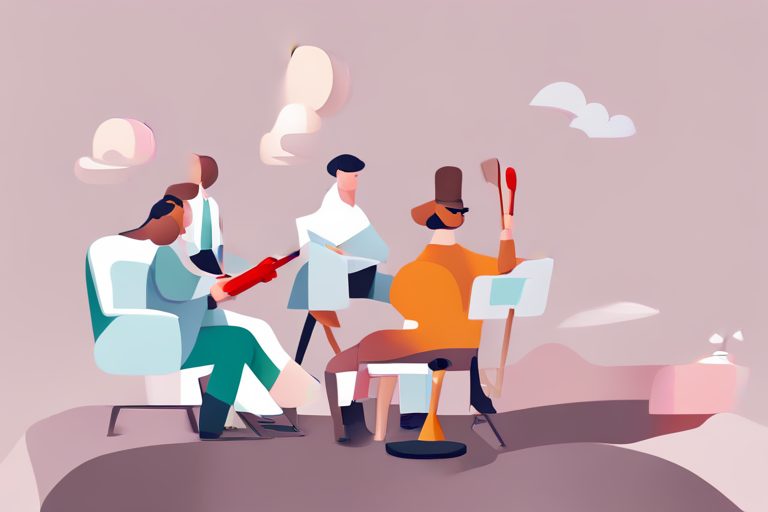Stylised illustration of a group sitting together, each holding an oversized paintbrush-like tool, representing creative teamwork
