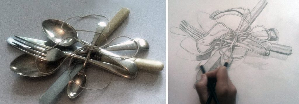 Tied cutlery still life next to a pencil sketch of the same objects, illustrating observational drawing