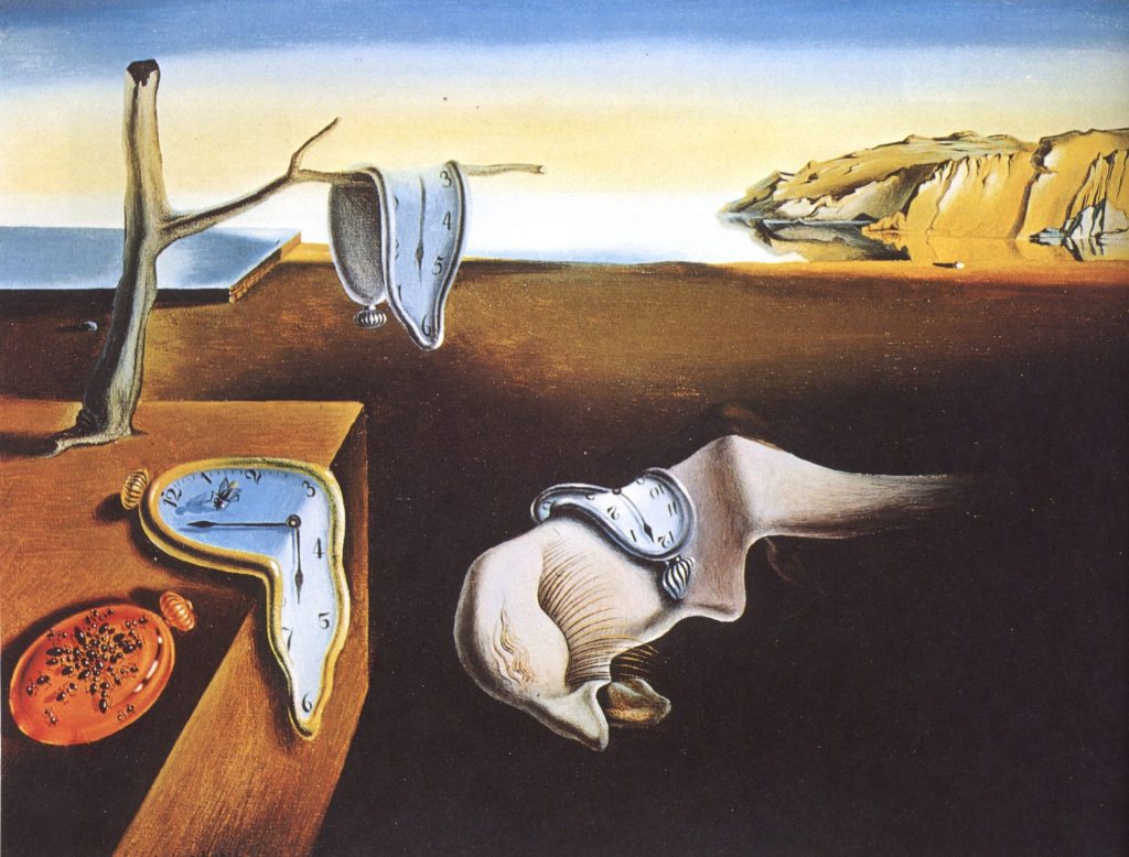 Surrealist painting of melting clocks draped over a barren landscape, illustrating imaginative art