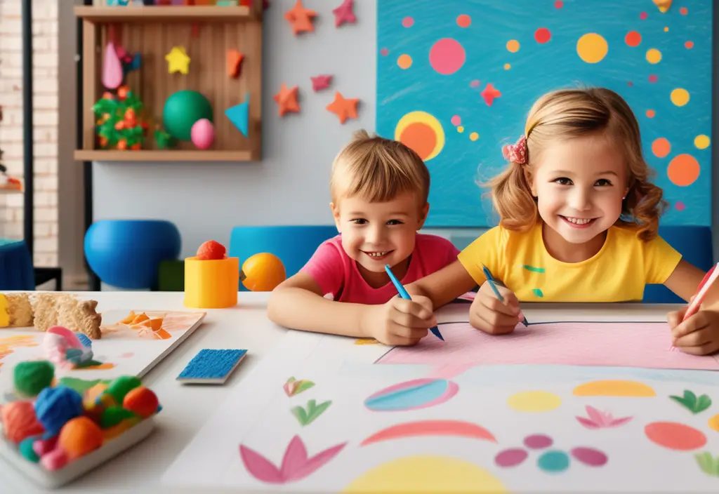 Two smiling children drawing together at a table in a colourful classroom