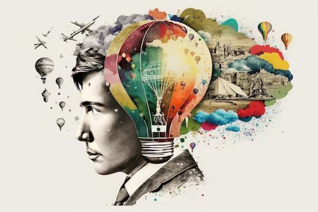 Artistic collage of a profile head merging with a lightbulb filled with imaginative imagery, symbolising imagination