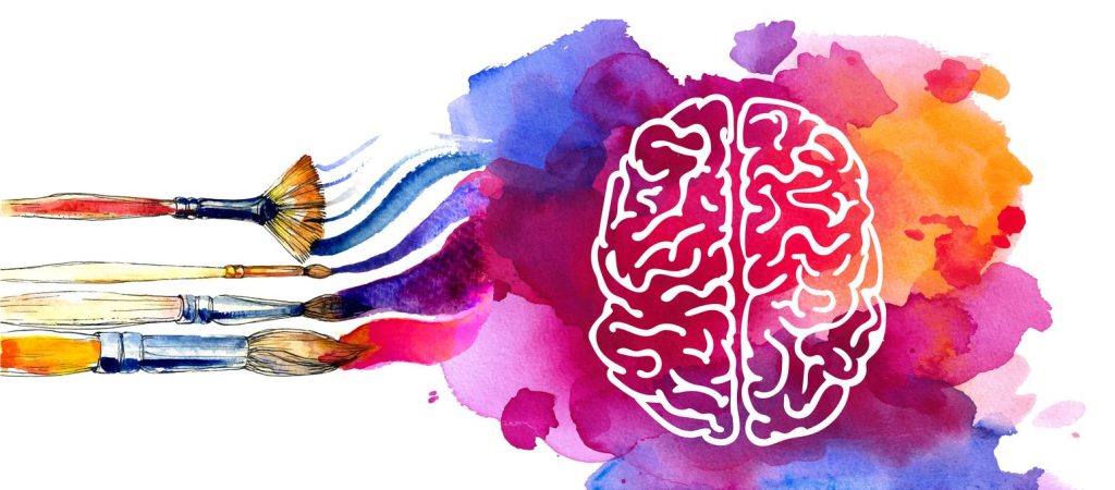 Watercolour illustration of paintbrushes streaming colour into a brain, symbolising art's impact on brain development