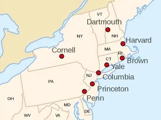 Map of the northeastern United States marking the locations of the eight Ivy League universities: Dartmouth, Harvard, Cornell, Yale, Brown, Columbia, Princeton, and Penn