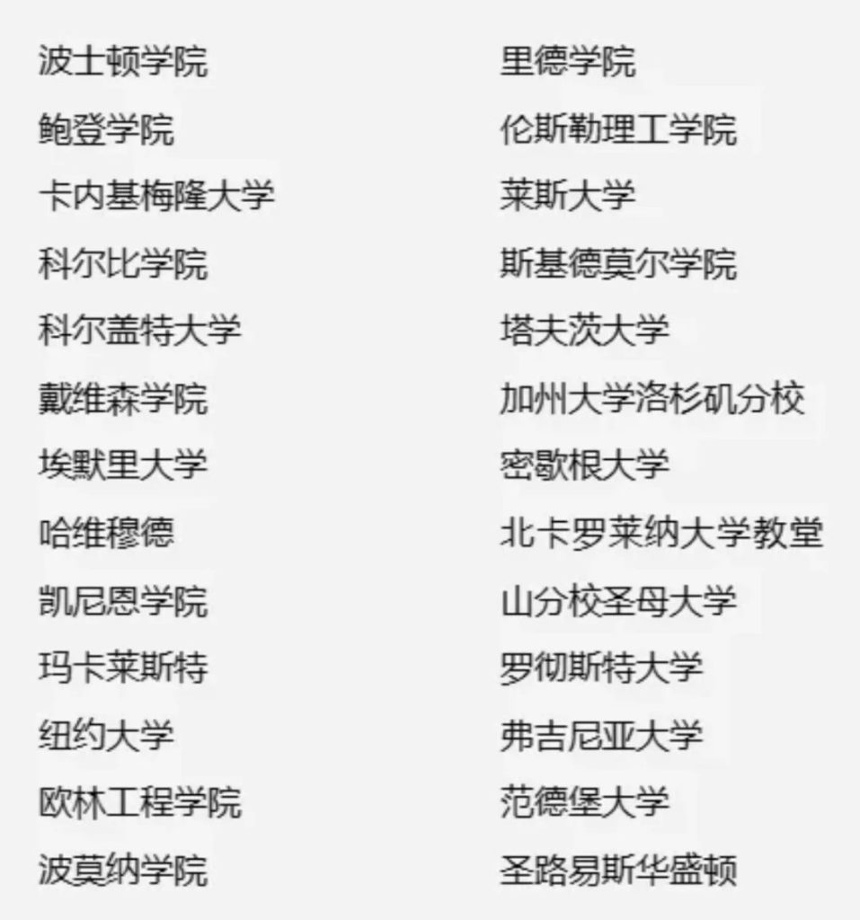 List of New Ivies schools in Chinese, including Boston College, Carnegie Mellon, Emory, NYU, Tufts, UCLA, University of Michigan, UNC Chapel Hill, University of Virginia, and Vanderbilt