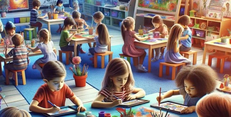Children painting and drawing together at tables in a busy art classroom