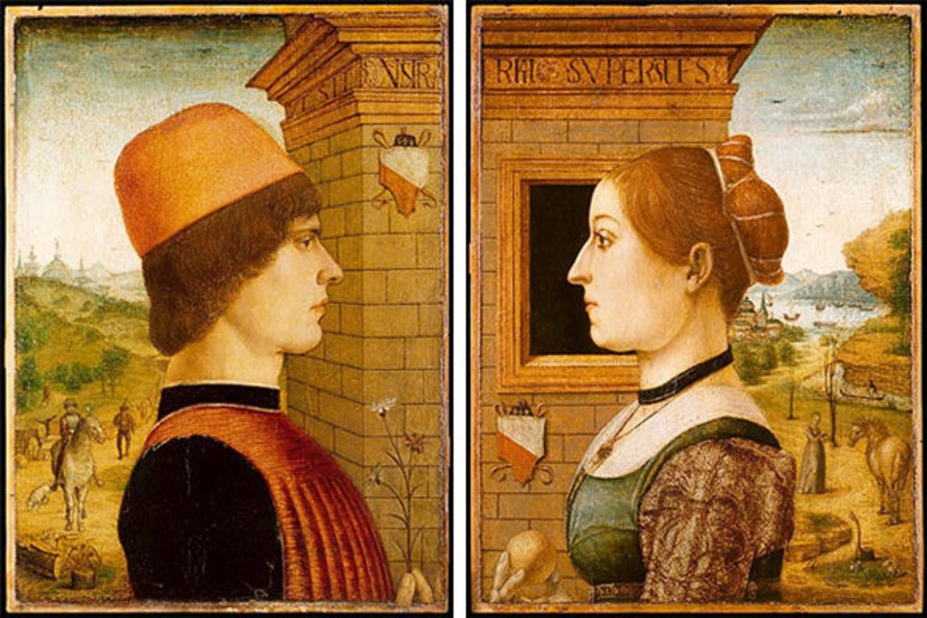 Renaissance-style profile portrait paintings of a man and a woman, representing classic art history