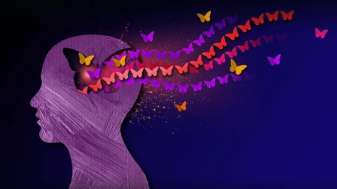 Illustration of a silhouetted head with colourful butterflies flowing out of it, symbolising imagination and creative thinking