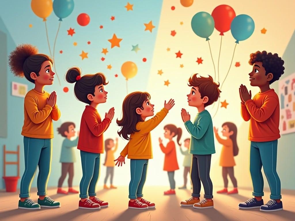 Illustration of a diverse group of children with hands clasped, gazing upward at balloons and stars in a moment of shared emotion