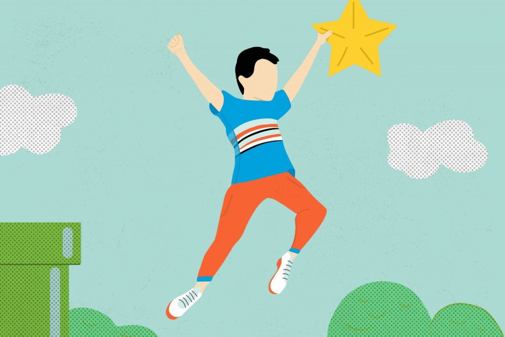 Illustration of a boy jumping joyfully with arms raised, reaching for a star, symbolising confidence and achievement